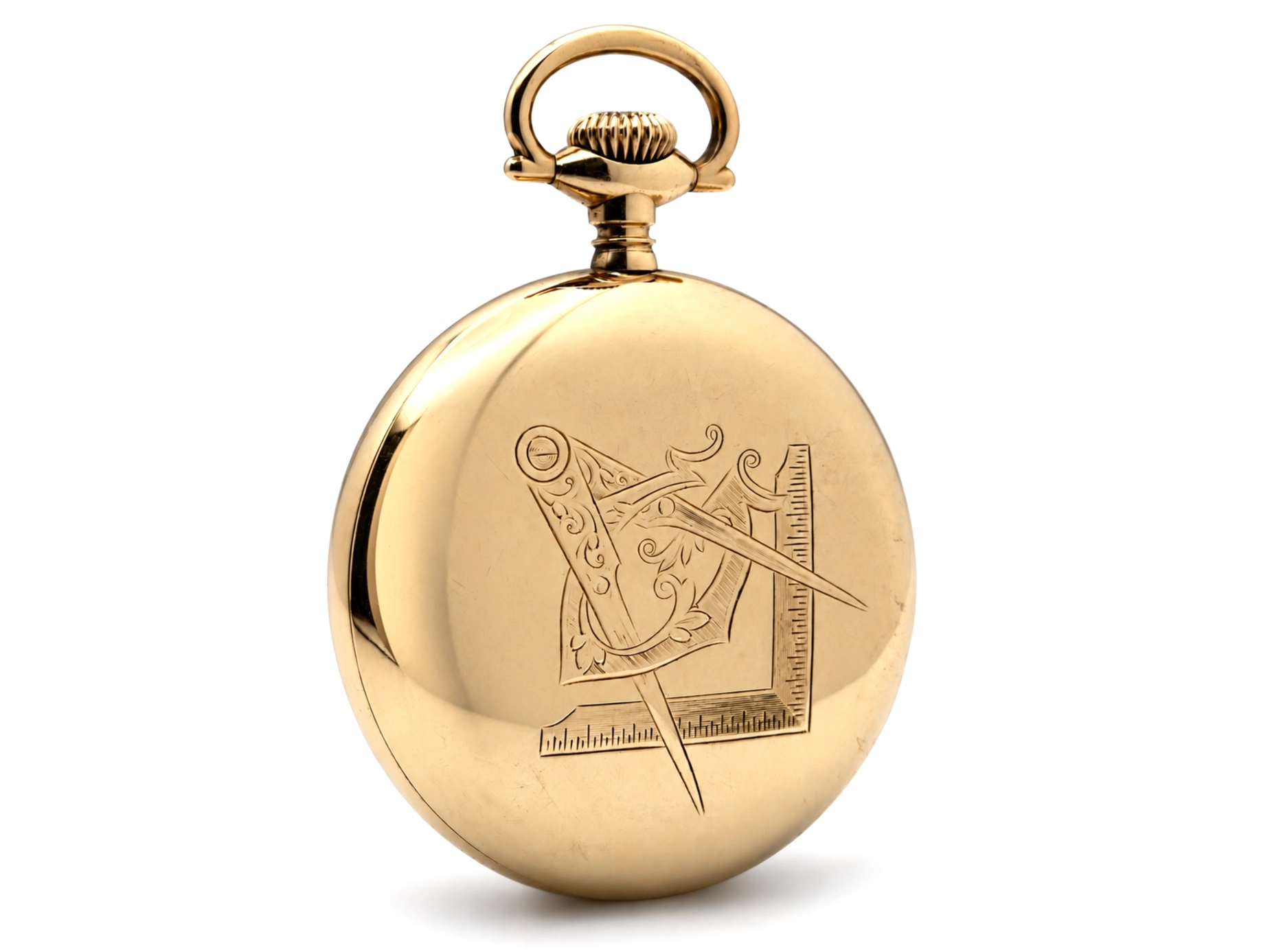 Waltham "P.S. Bartlett" Masonic Engraving (1901) — polished yellow case back with Masonic symbol engraving: compass, square and letter G