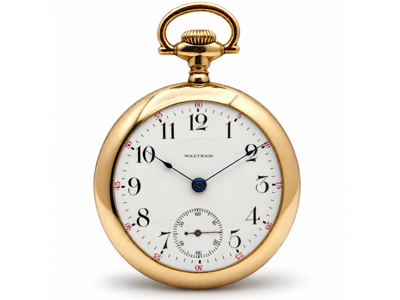 125 Year-Old Waltham P.S. Bartlett with Masonic Engraving — front view of enamel dial with black Arabic numerals, blued steel hands, and…
