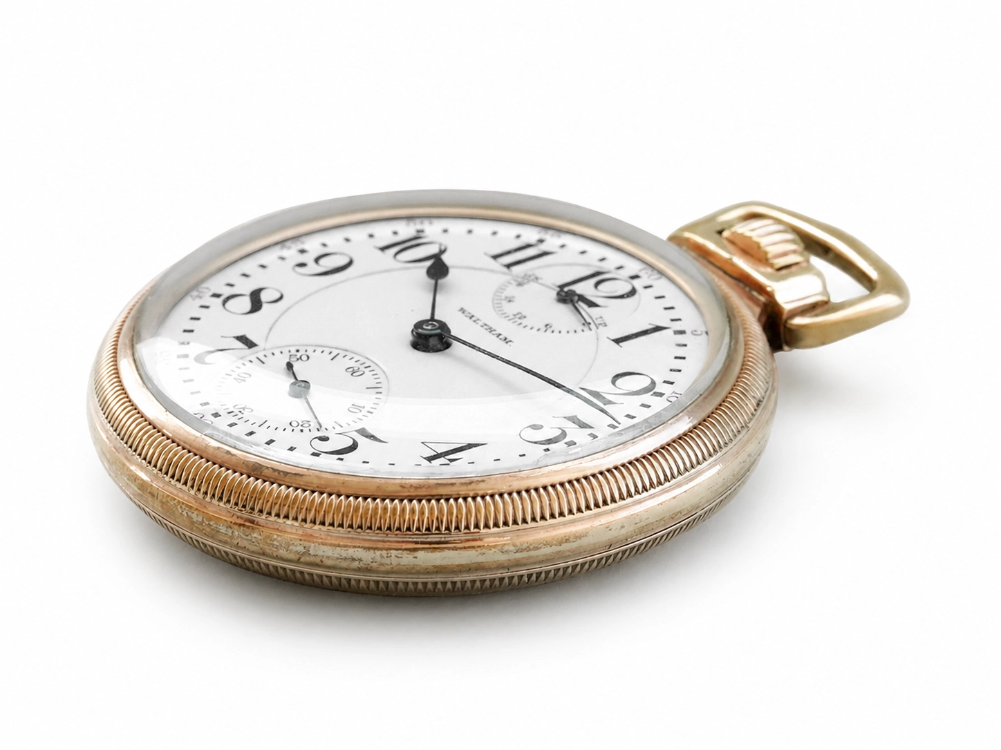 Gold-filled open-face pocket watch with white dial, Arabic numerals, and small seconds subdial.