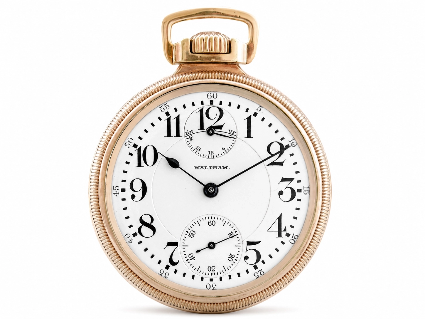 Gold-filled pocket watch with white dial, Arabic numerals, small seconds subdials, and black hands.
