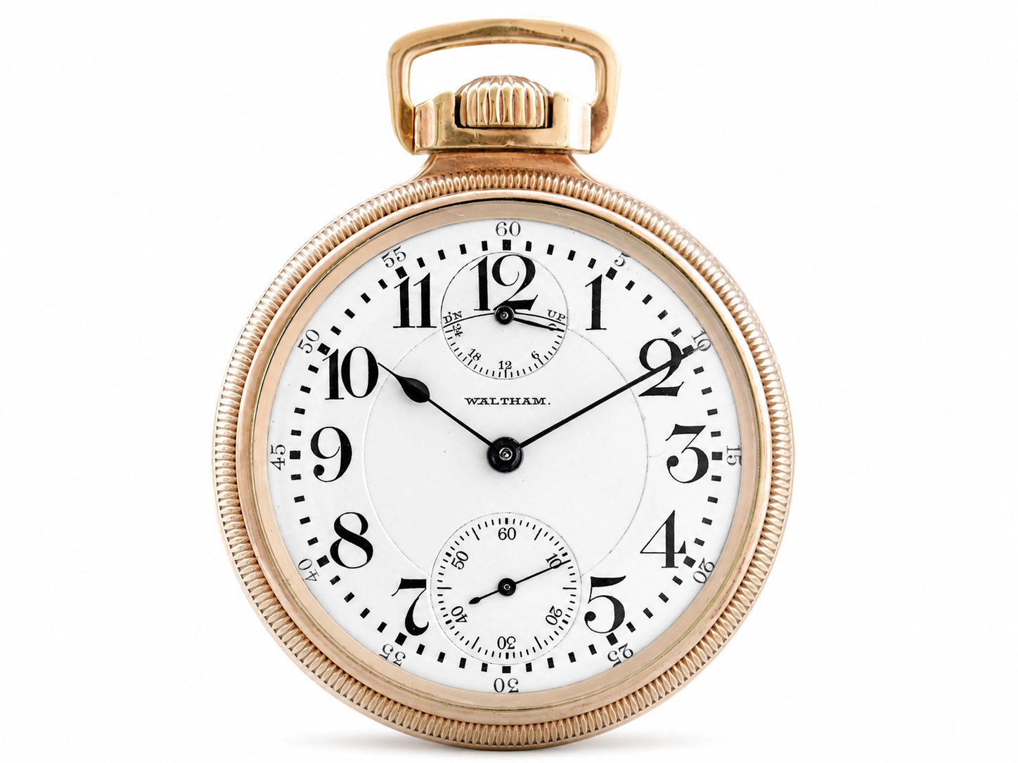 Gold pocket watch with white dial, Arabic numerals, center hour hand, and dual subdials for seconds.