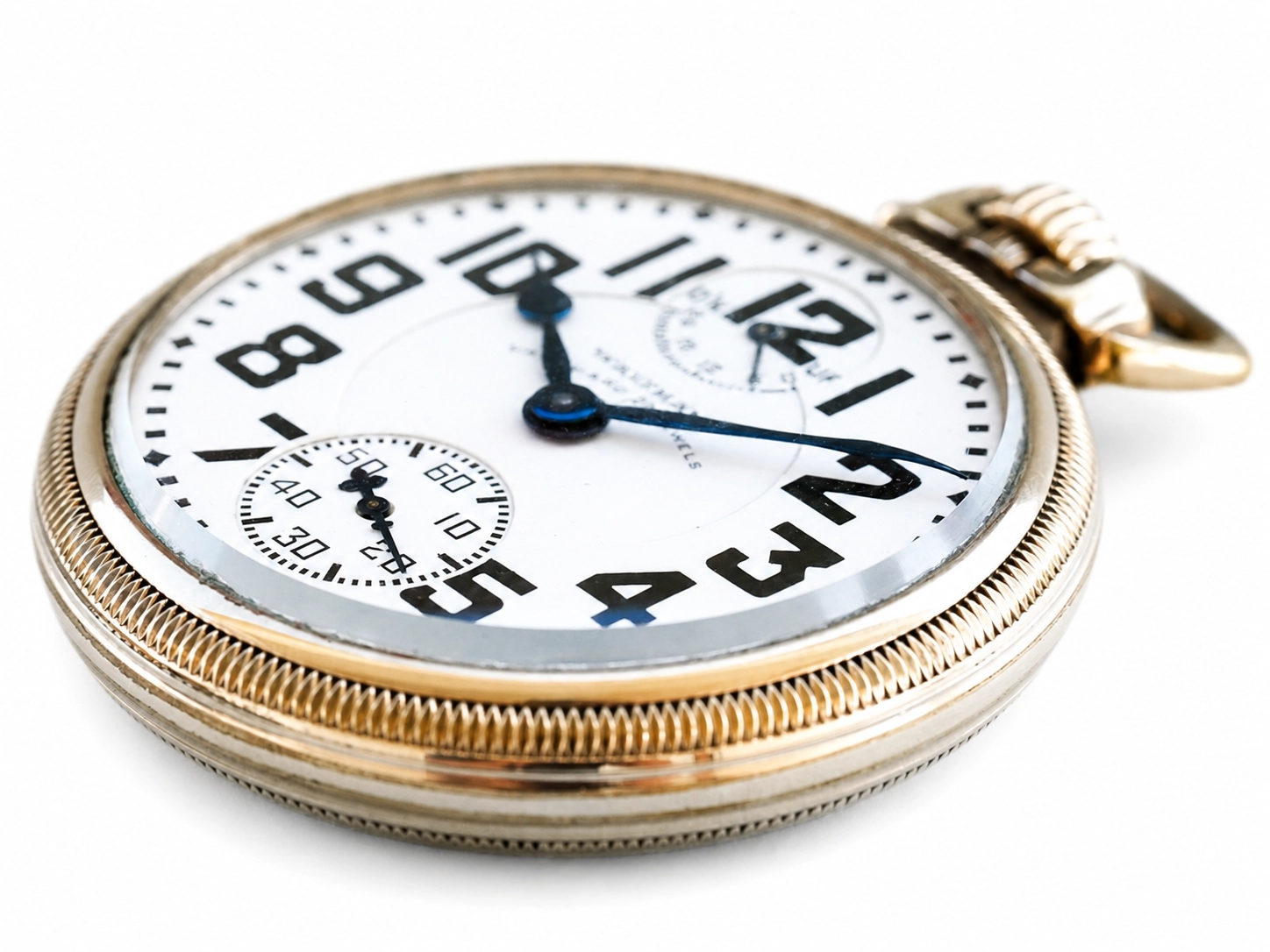 Gold case pocket watch with white dial, Arabic numerals, blued steel hands, and small seconds subdial.