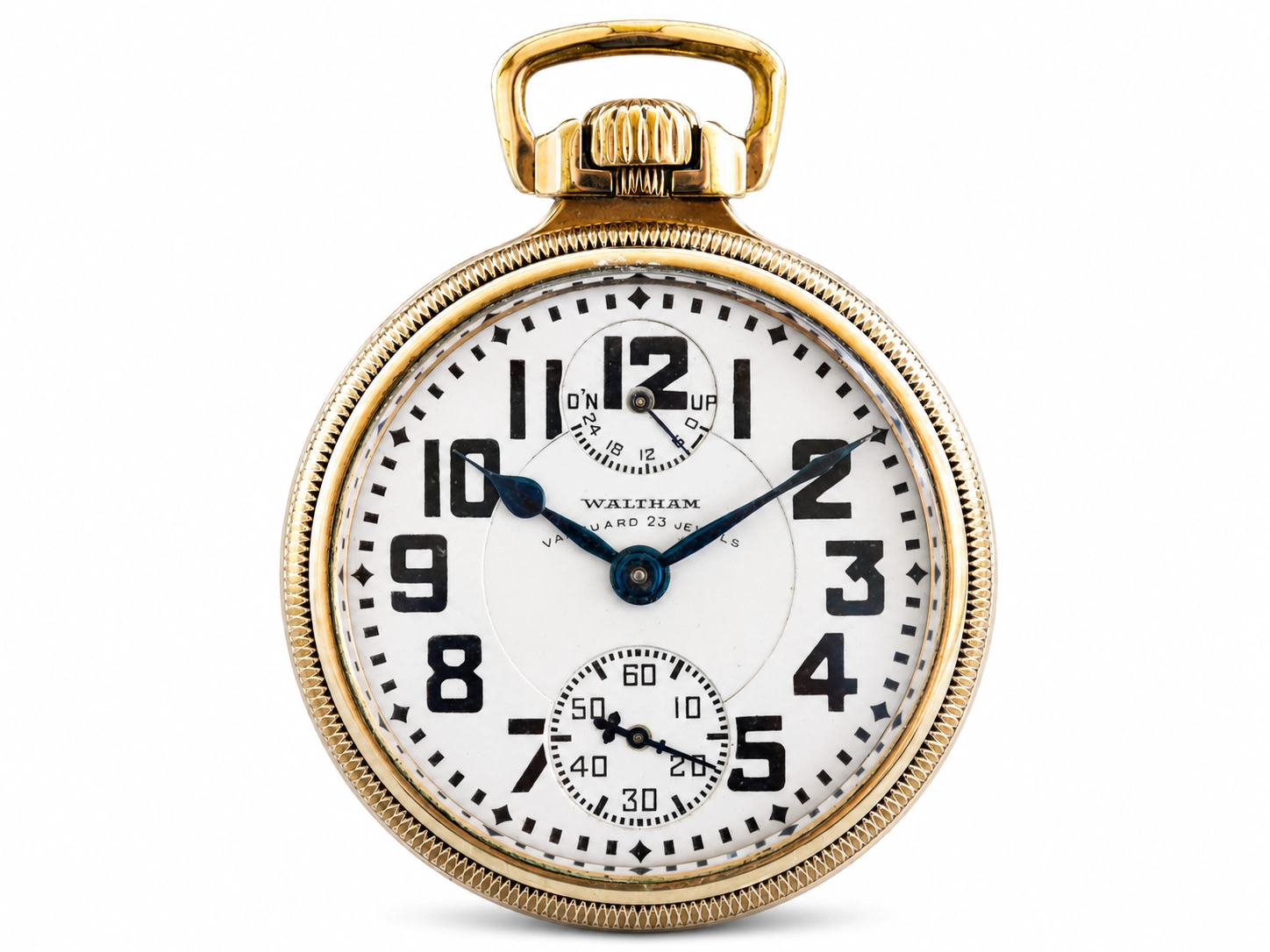 Gold open-face pocket watch with white dial, bold Arabic numerals, two subdials, and blue steel hands.