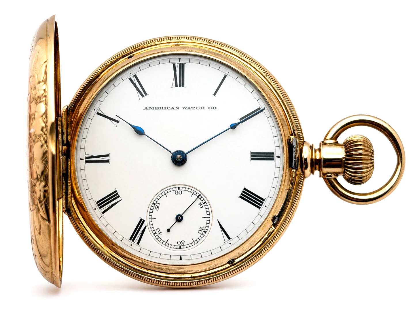 Gold pocket watch with open case displaying white dial, Roman numerals, subsidiary seconds dial, and blue hands.