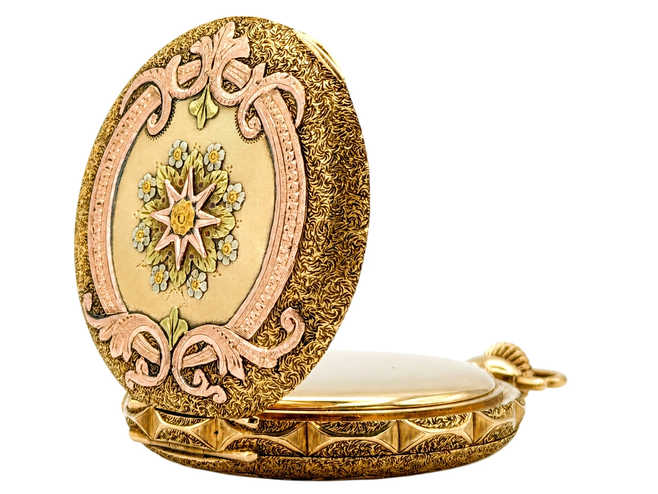 Ornate gold pocket watch case back featuring intricate floral enamel work with rose and white gold scrollwork.