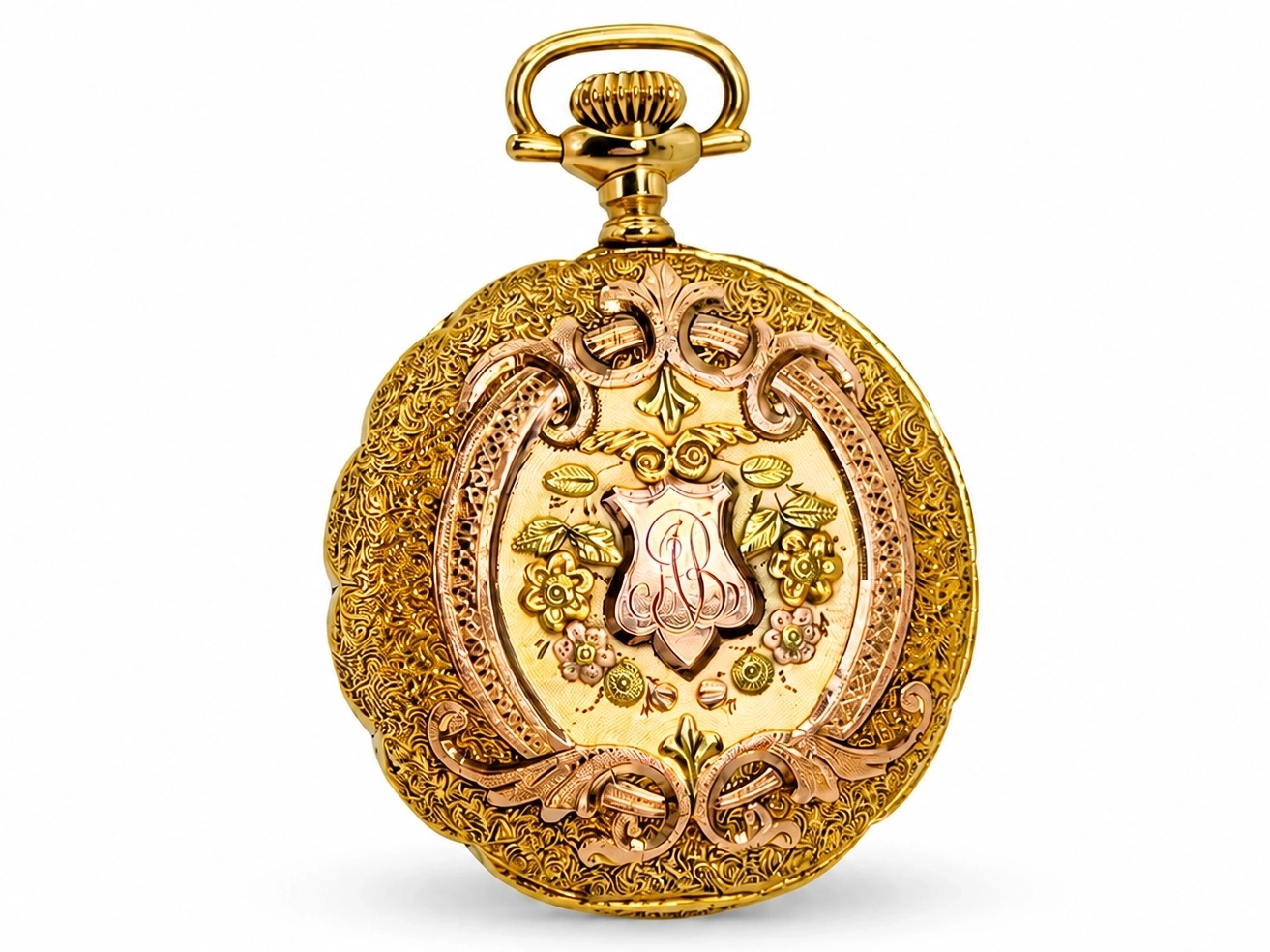 Gold pocket watch case with ornate floral and foliate engraving throughout, featuring a decorative cartouche at center with scrollwork de…