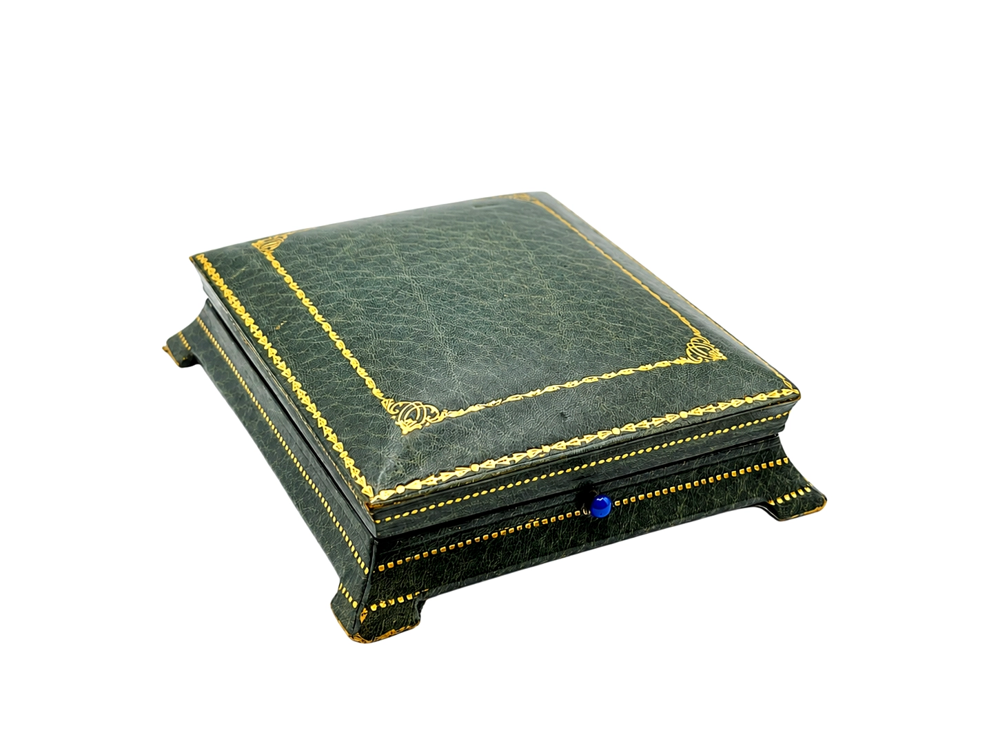Green leather presentation box with gold decorative trim and blue stone closure.