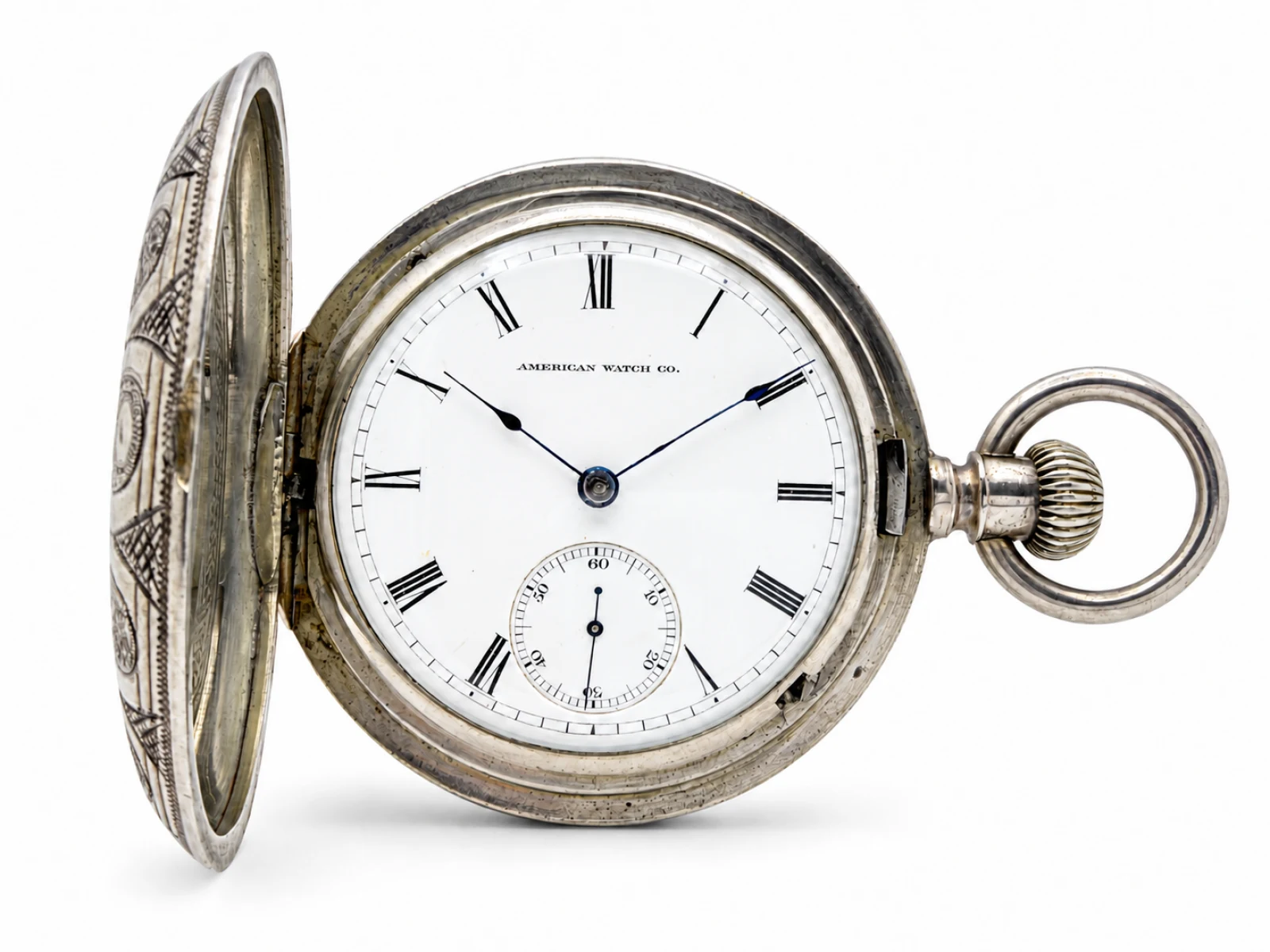 Waltham W.W.Co. Model 1857 Hunting Case (1875) — white enamel American Watch Co. dial with Roman numerals and blued steel spade hands in the open hunting case