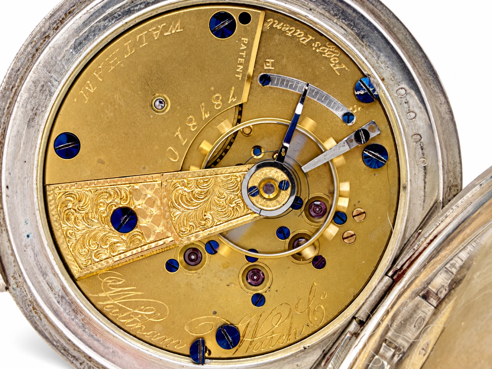 Waltham W.W.Co. Model 1857 Hunting Case (1875) — gilt full plate 15 jewel movement signed Waltham Watch Co., serial 787810, with engraved balance cock