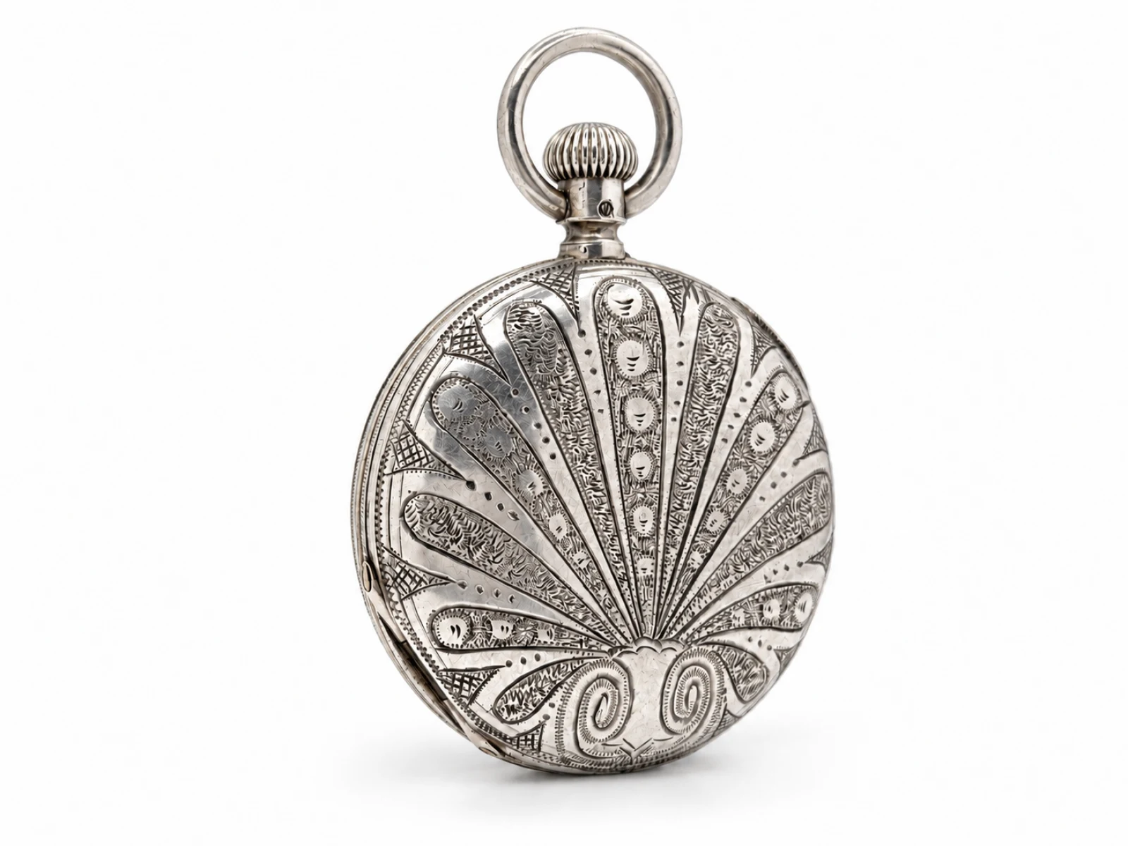 Waltham W.W.Co. Model 1857 Hunting Case (1875) — hand-engraved silver hunting case cover with radiating fan pattern and vacant shield