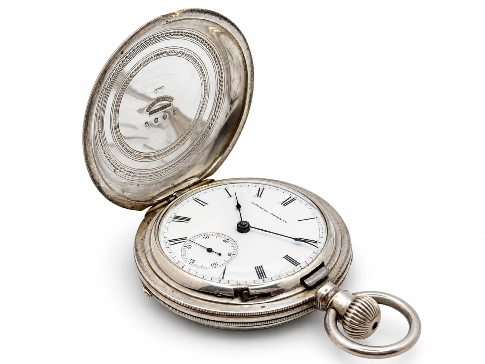 Waltham W.W.Co. Model 1857 Hunting Case (1875) — hunting case open at an angle with the engine-turned inner cover