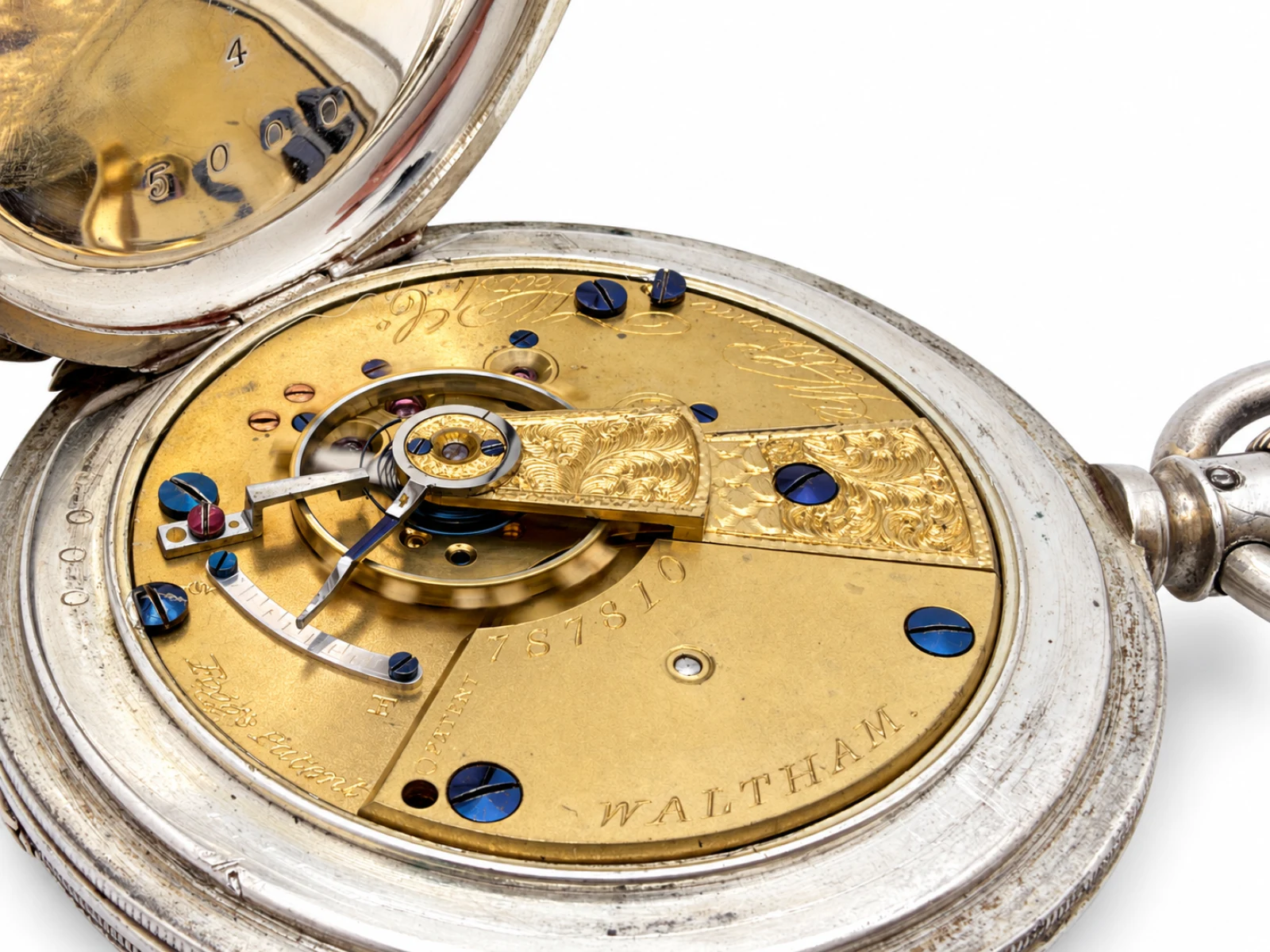 Waltham W.W.Co. Model 1857 Hunting Case (1875) — movement at an angle showing the balance, regulator and engraved cock