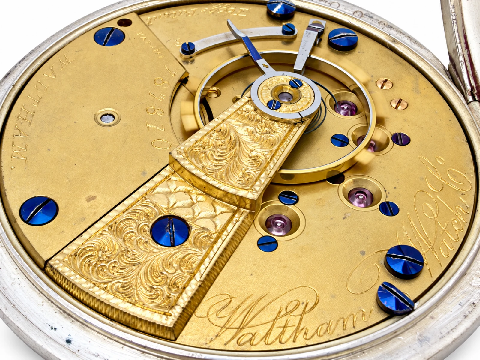 Waltham W.W.Co. Model 1857 Hunting Case (1875) — hand-engraved scroll balance cock and jewels in gold settings