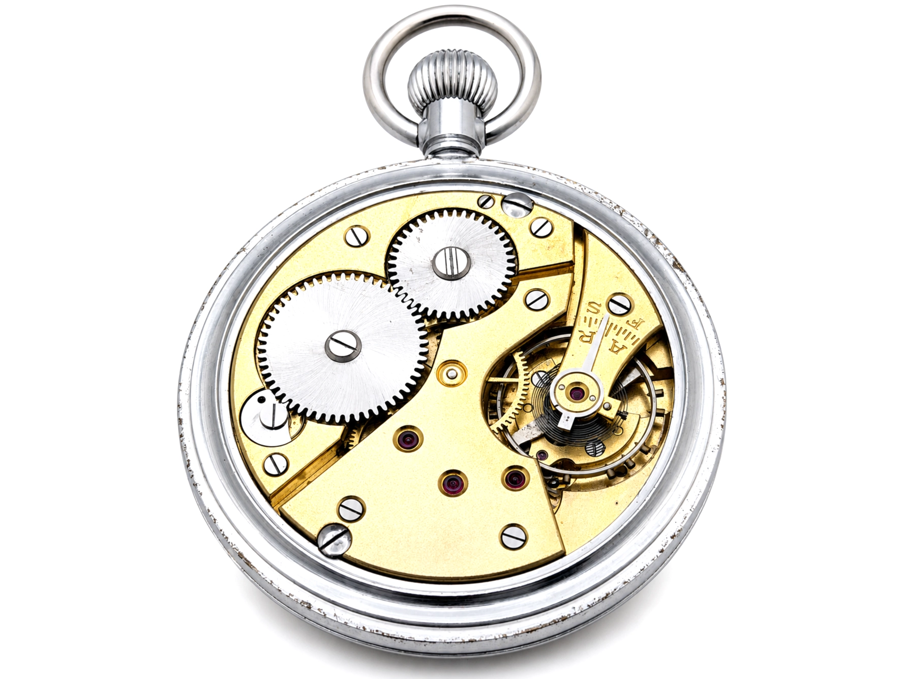 Open pocket watch movement showing brass plate with steel gears, jewels, and balance wheel.
