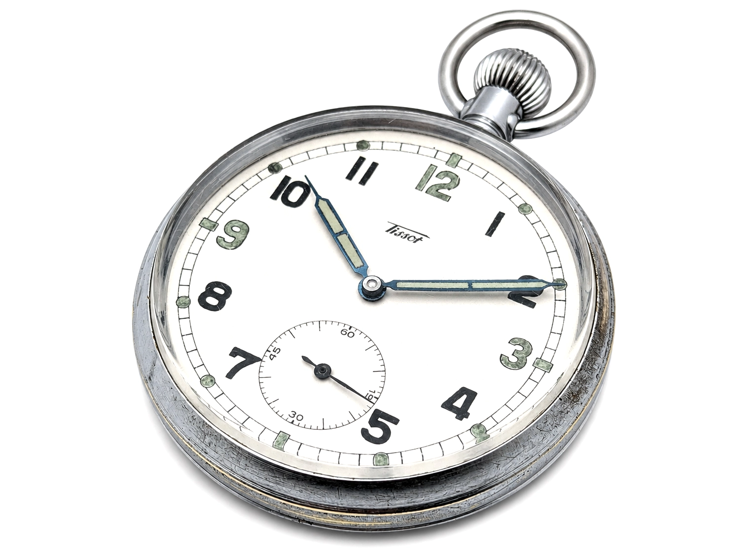 Antique pocket watch with cream dial, Arabic numerals, subsidiary seconds dial, and blued steel hands.