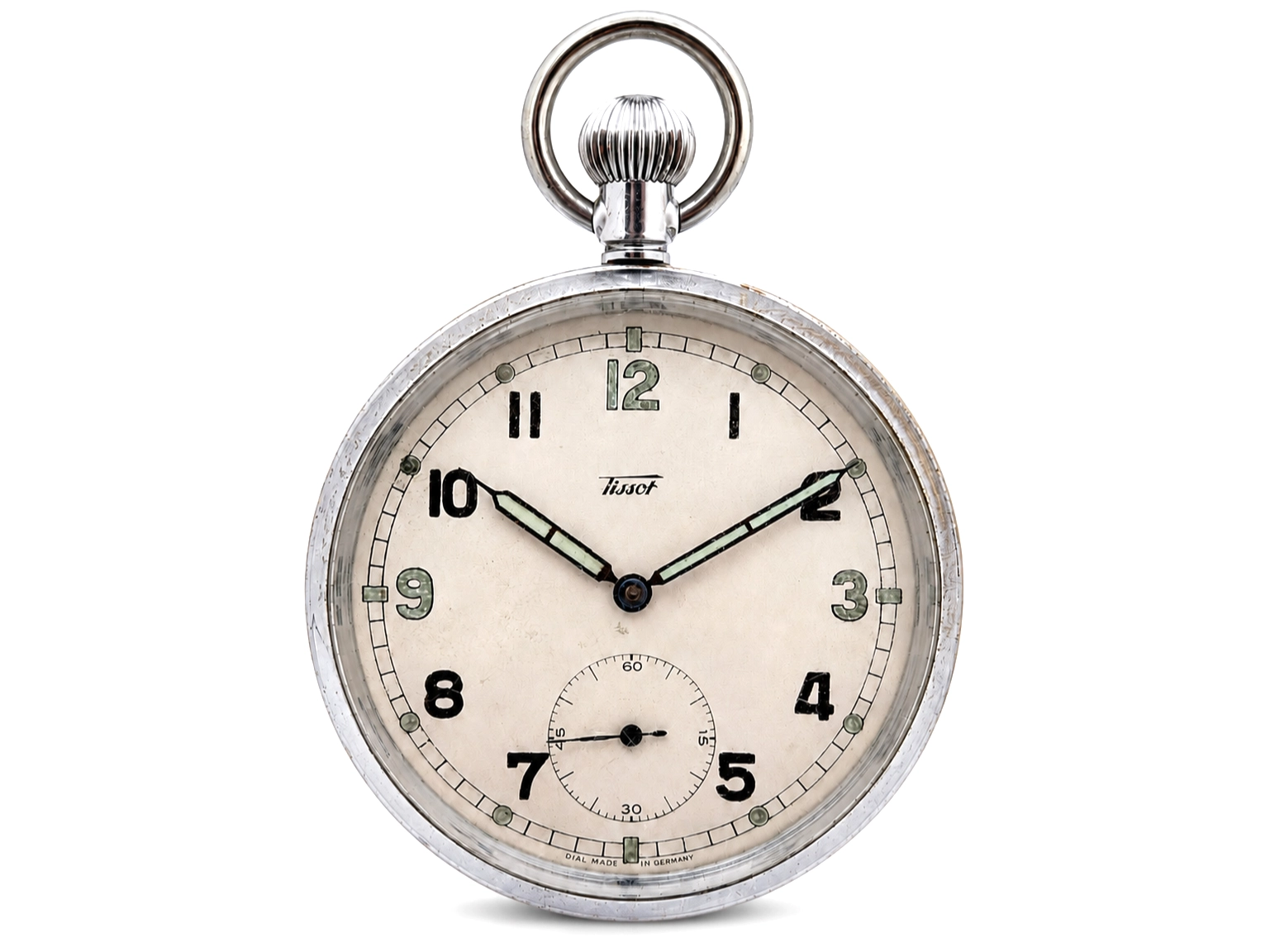 Cream-colored pocket watch dial with Arabic numerals, subsidiary seconds dial, and polished metal case.