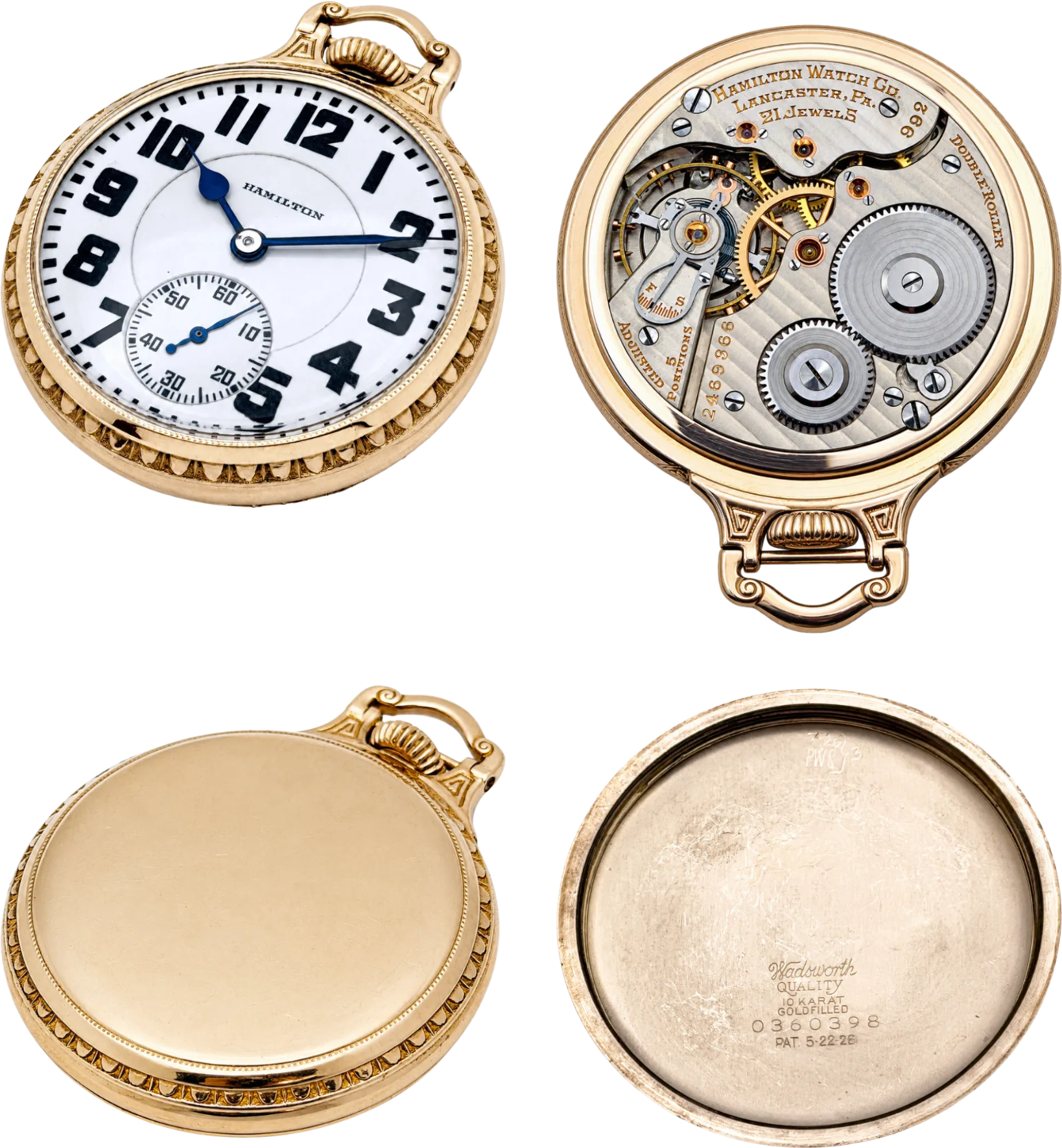The four photographs to send: the dial, the movement, the case back, and the hallmarks stamped inside the case