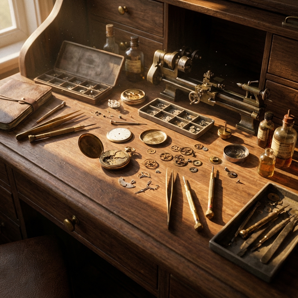 A watchmaker's bench with tools and a partially-disassembled pocket watch